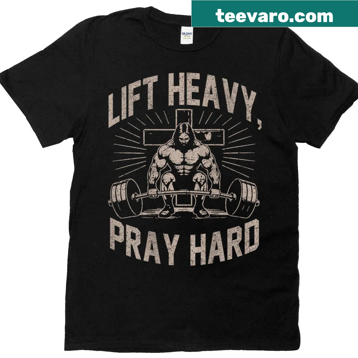 Inspirational T-shirt with 'Lift Heavy Pray Hard' for Christian gym-goers. — on a men's t-shirt