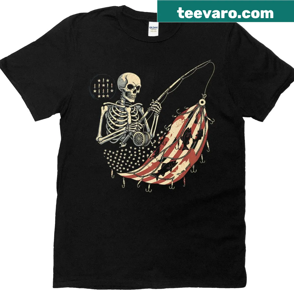 Skull and bass fishing design with American flag on a t-shirt — on a men's t-shirt