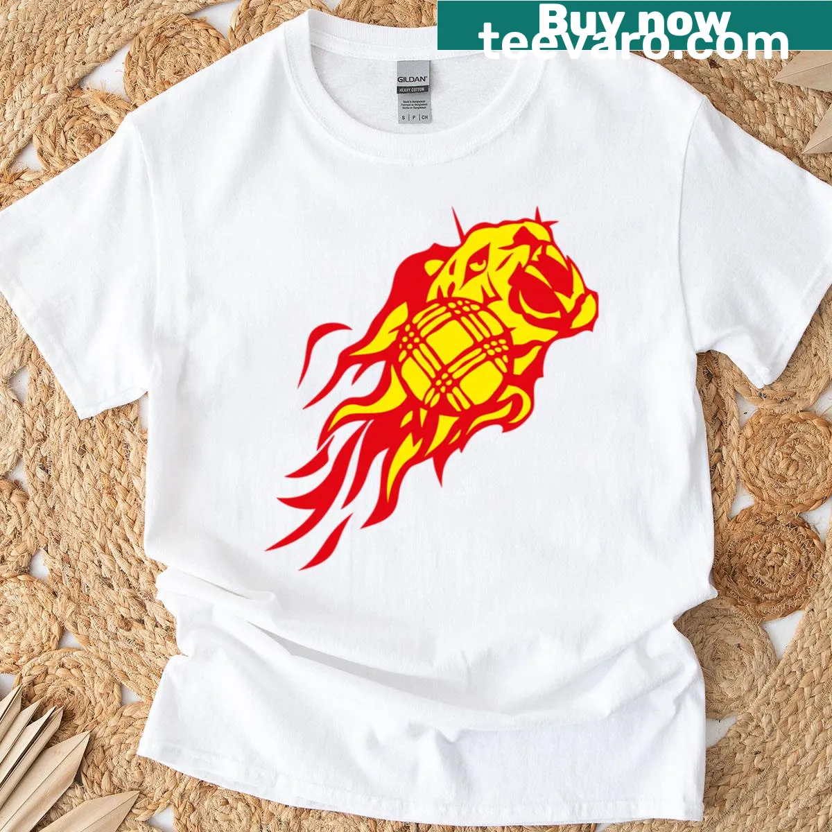 Illustrative tiger and flame logo T-shirt inspired by petanque — on a men's t-shirt
