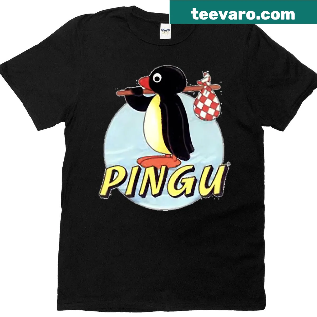 Pingu logo graphic t-shirt featuring the beloved penguin — on a men's t-shirt