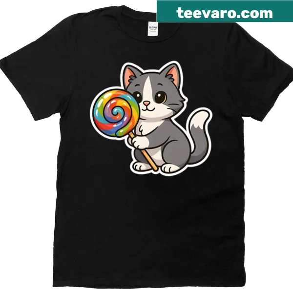Playful kitten illustration with a rainbow lollipop on t-shirt