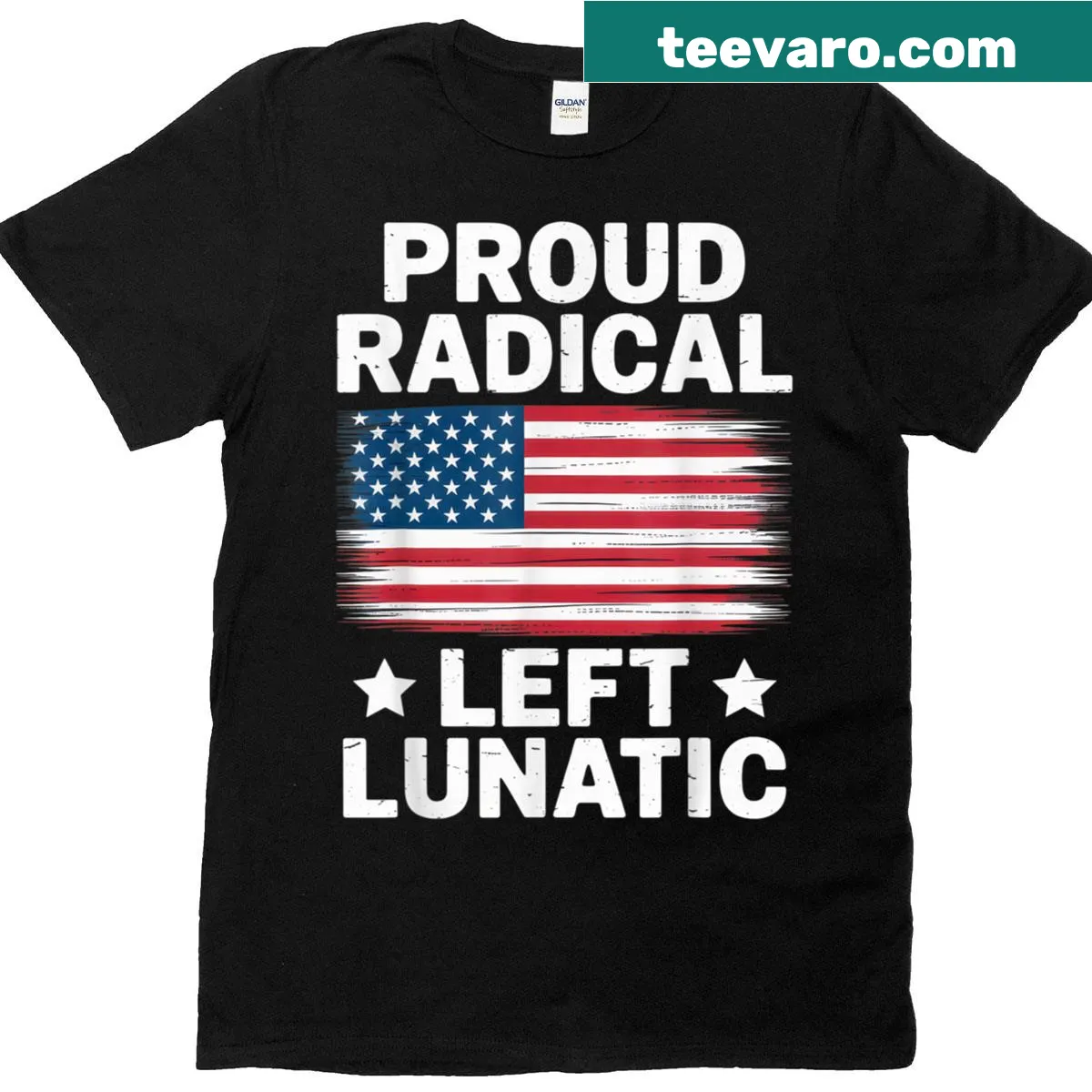 Political statement t-shirt featuring USA flag and text design — on a men's t-shirt