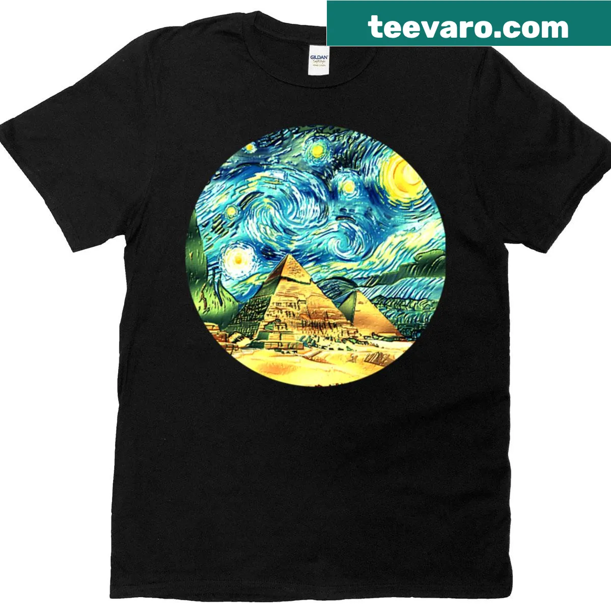 Abstract art T-shirt featuring pyramids and a starry night design — on a men's t-shirt