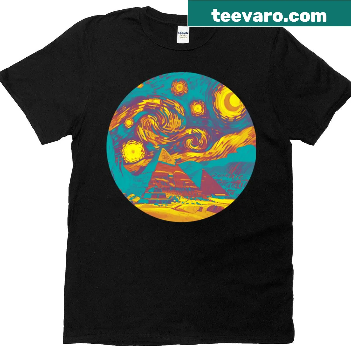 Abstract art t-shirt featuring pyramids and a starry night design — on a men's t-shirt