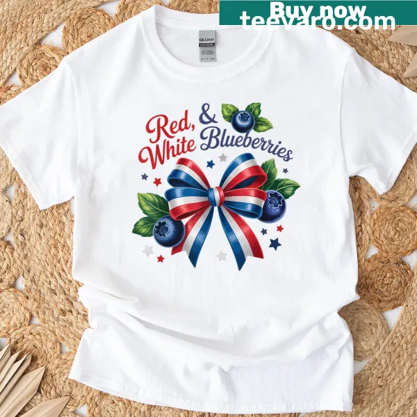 Patriotic T-shirt with a blueberry bow design in red, white, and blue
