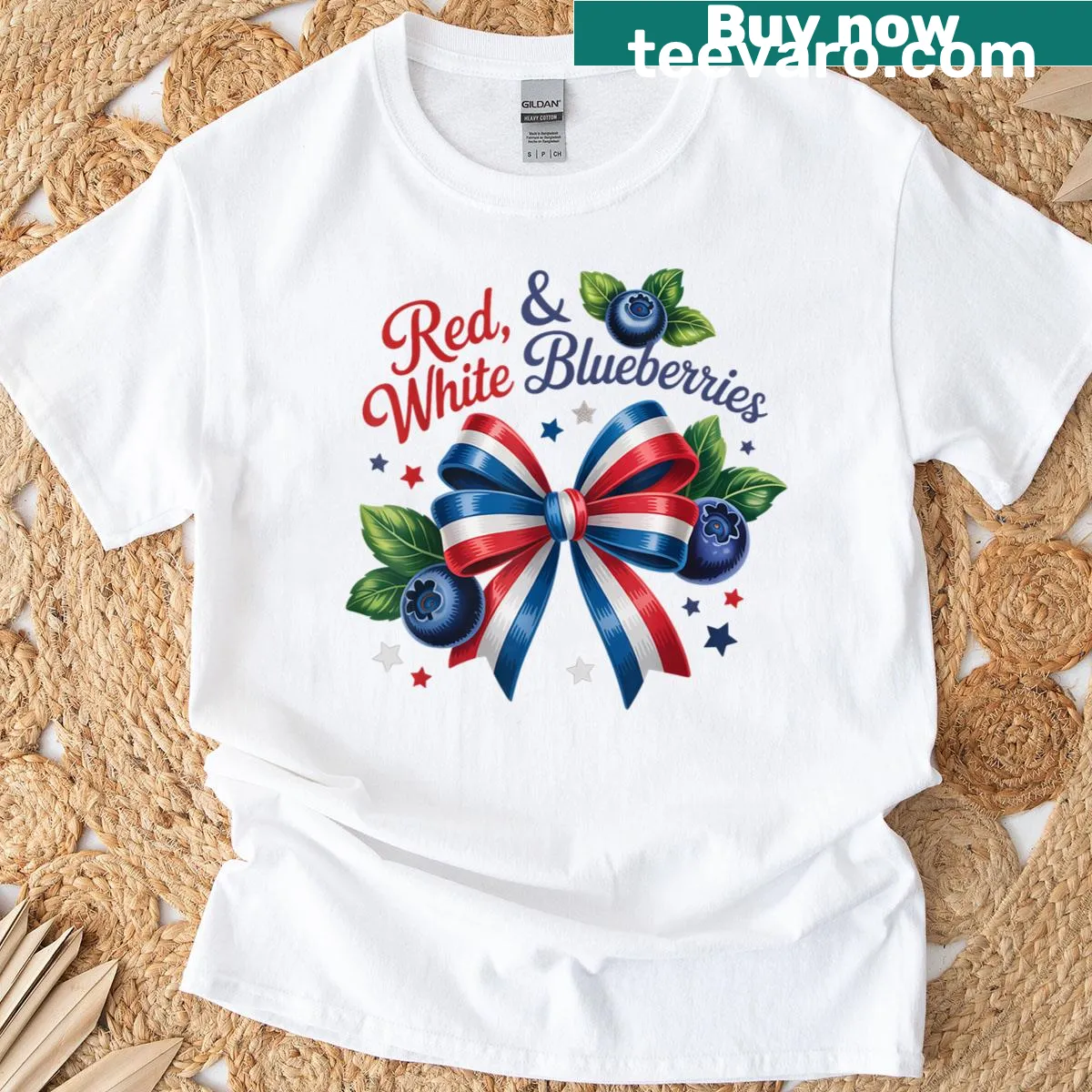 Patriotic T-shirt with a blueberry bow design in red, white, and blue — on a men's t-shirt