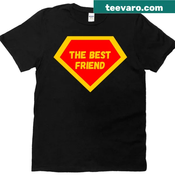 Superhero emblem t-shirt in red and yellow for celebrating friendship.