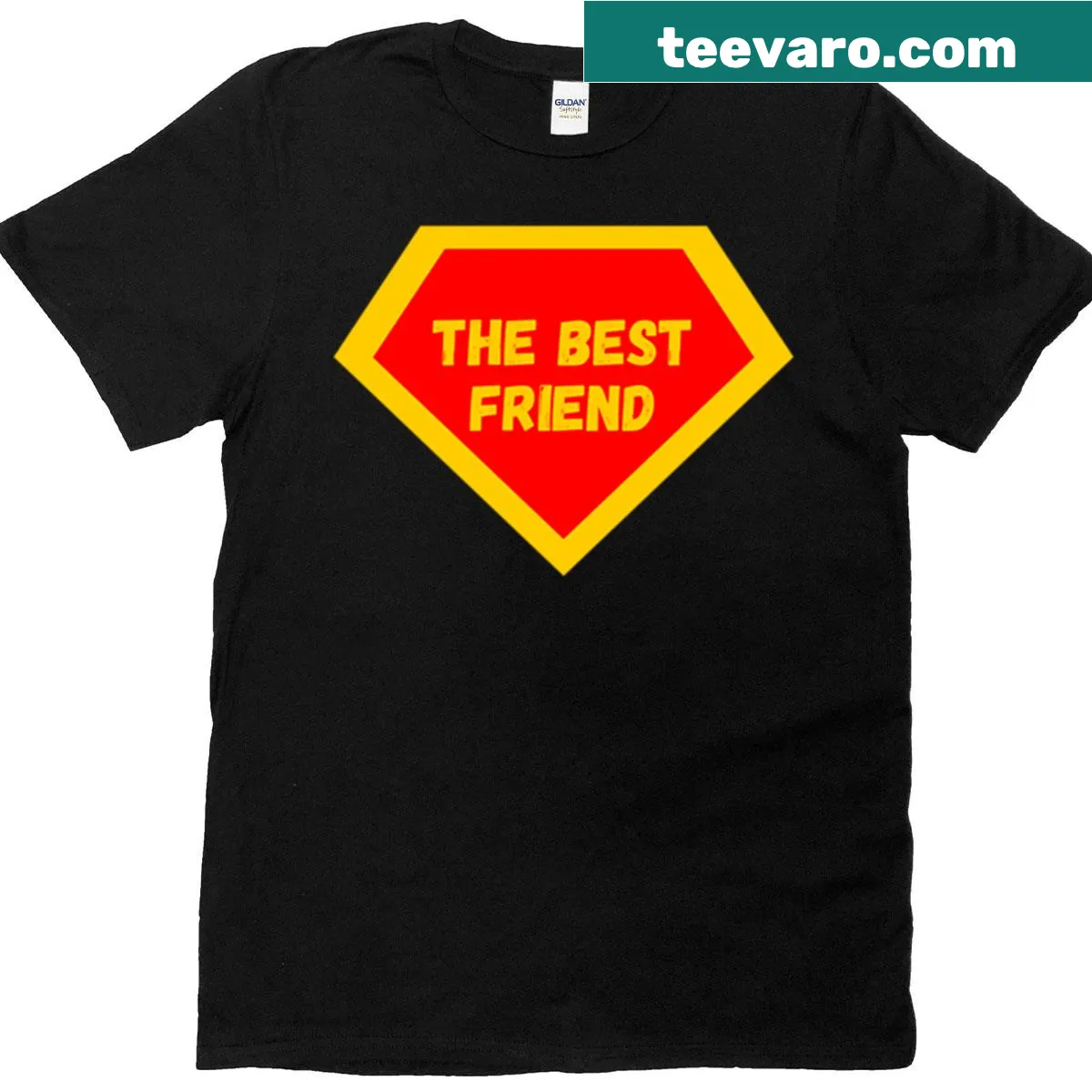 Superhero emblem t-shirt in red and yellow for celebrating friendship. — on a men's t-shirt