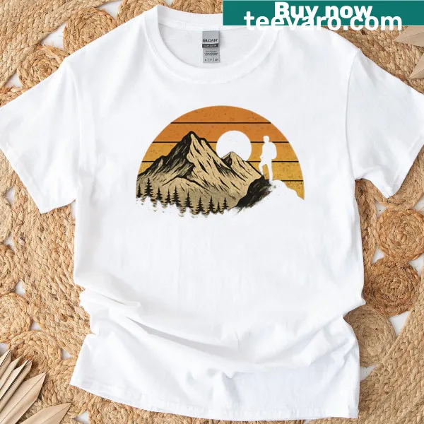 Retro graphic of sunset over mountains on hiking t-shirt