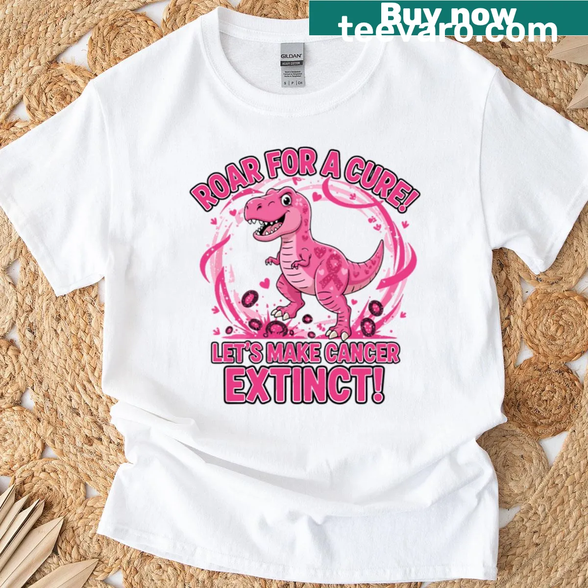 Dinosaur graphic T-shirt promoting breast cancer awareness — on a men's t-shirt