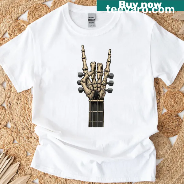 Skeleton hand playing guitar Halloween t-shirt
