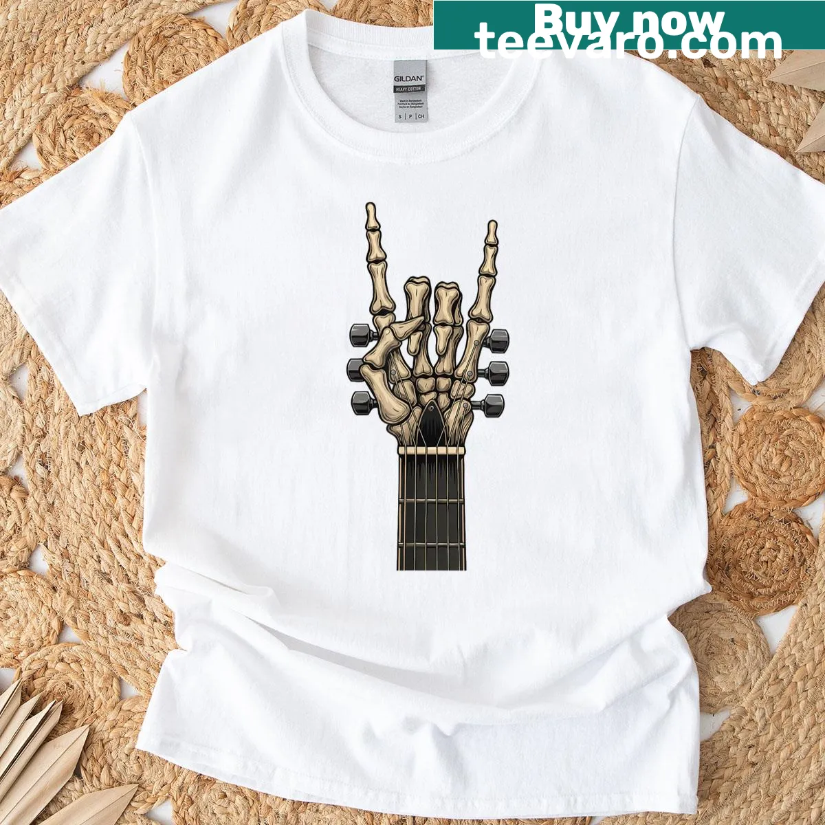 Skeleton hand playing guitar Halloween t-shirt — on a men's t-shirt