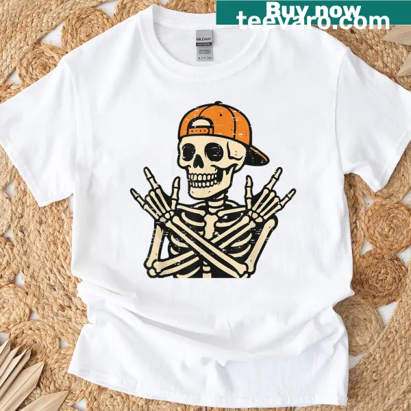 Cartoon rocker skeleton on skateboard graphic Halloween t-shirt