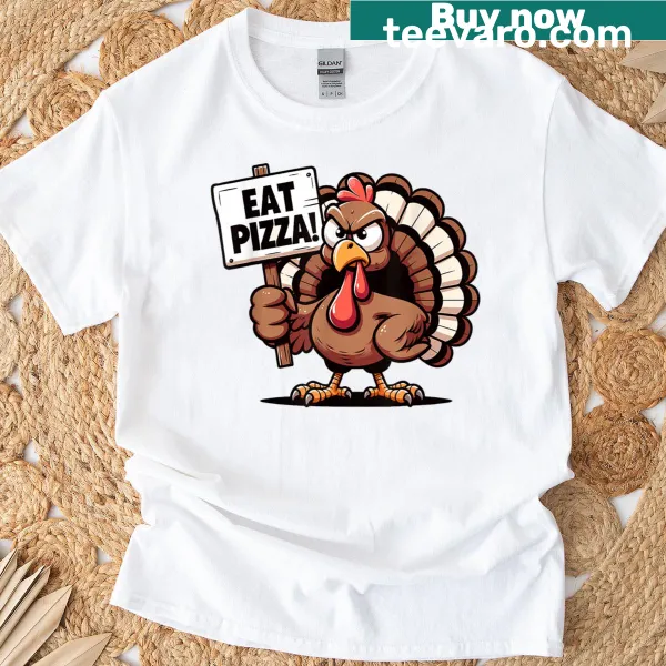 Humorous Thanksgiving t-shirt with 'Save A Turkey, Eat Pizza' slogan