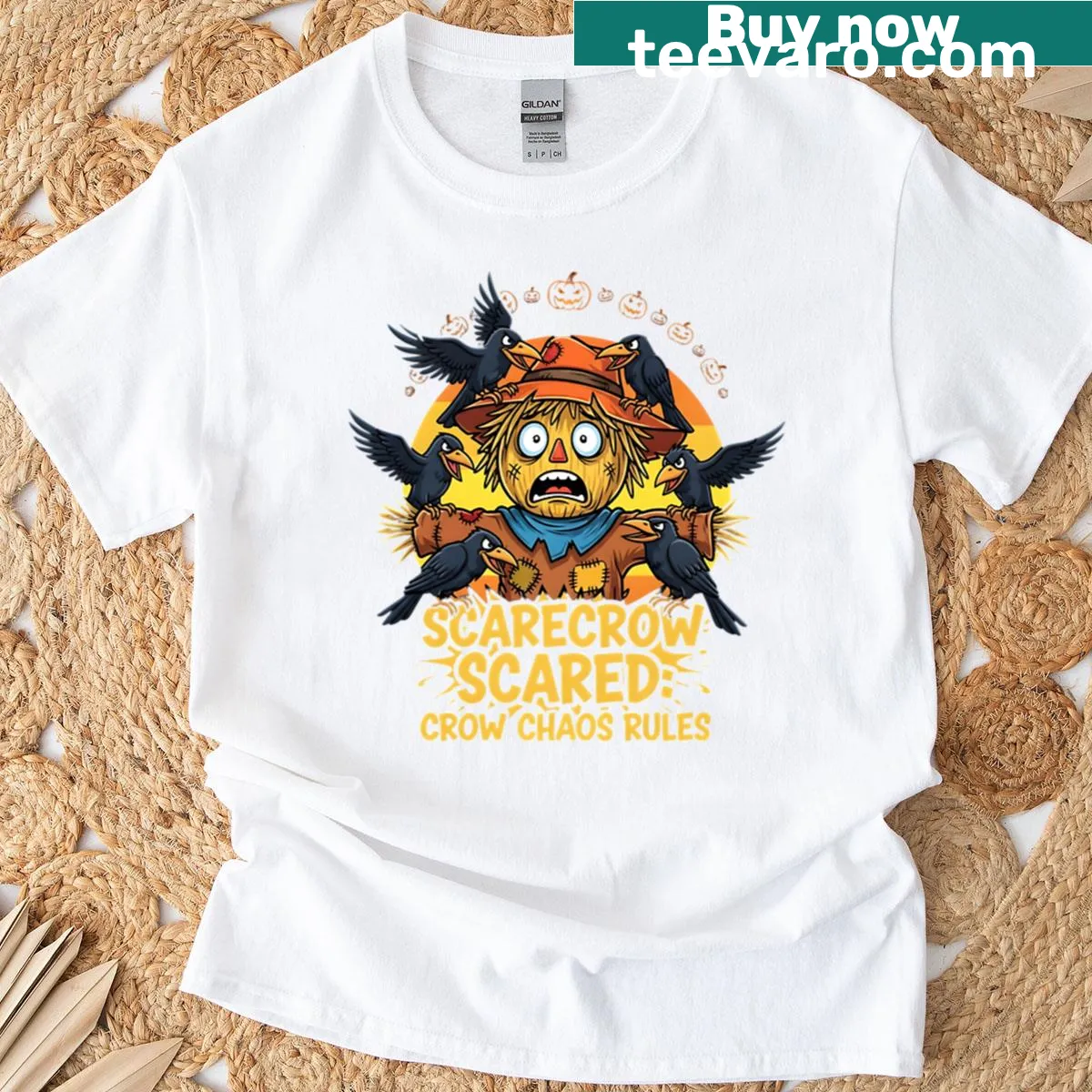 Cartoon t-shirt featuring a scared scarecrow with crows — on a men's t-shirt