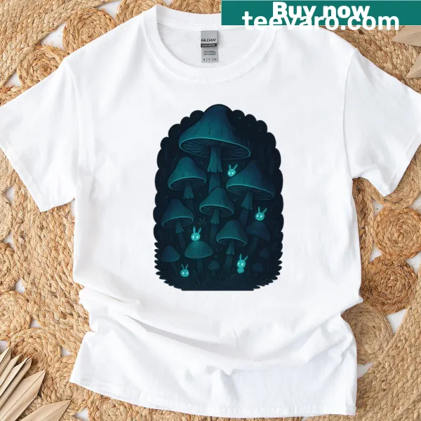 T-shirt featuring a hidden mushroom grove design.
