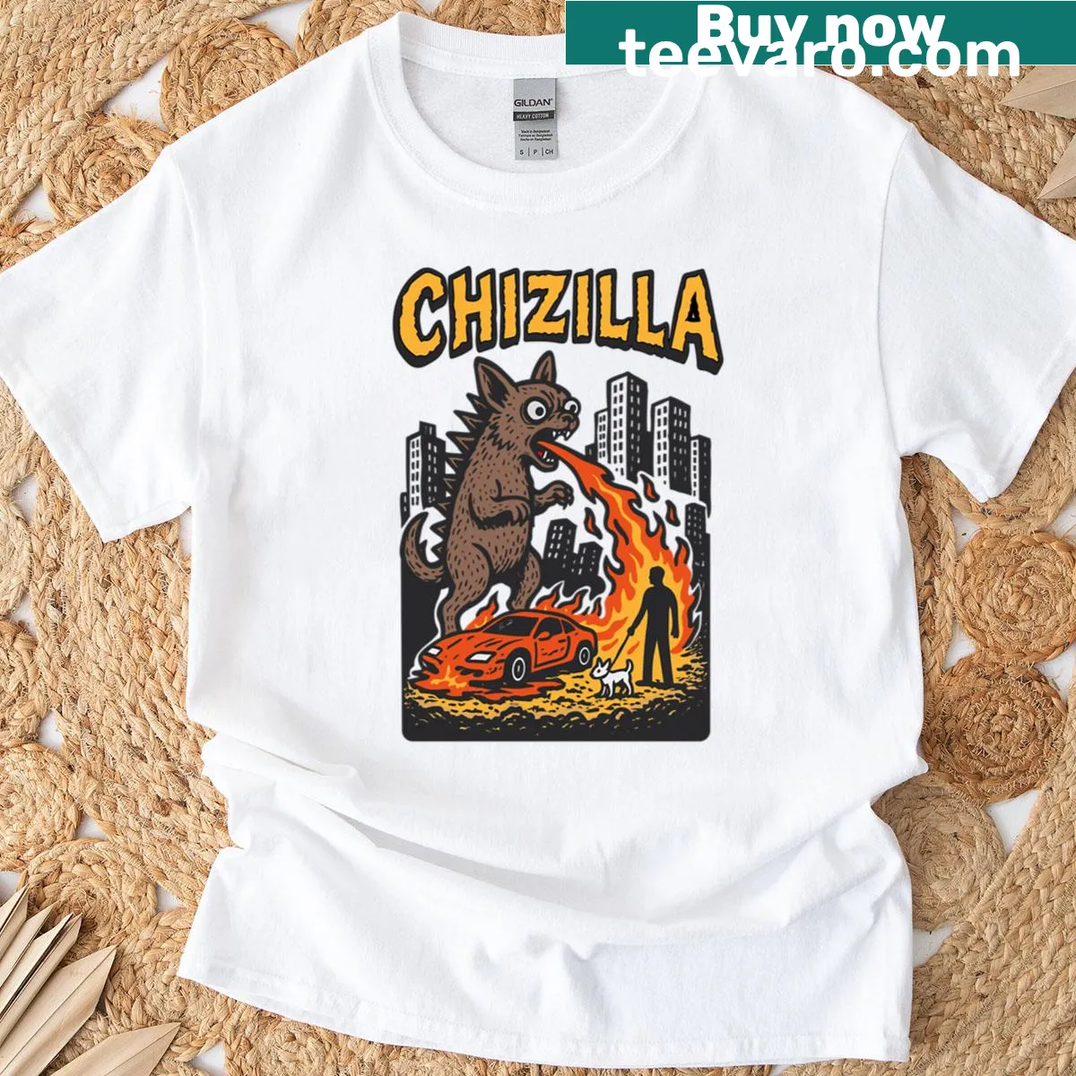 Whimsical t-shirt featuring a Shih Tzu as Godzilla attacking a city — on a men's t-shirt