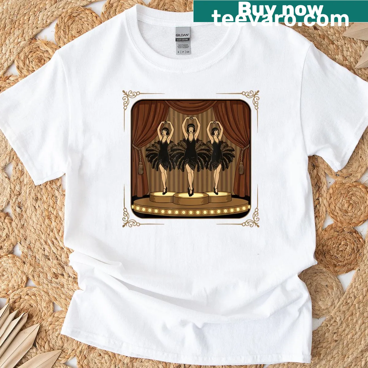 T-shirt featuring a lively illustration of showgirls dancing — on a men's t-shirt