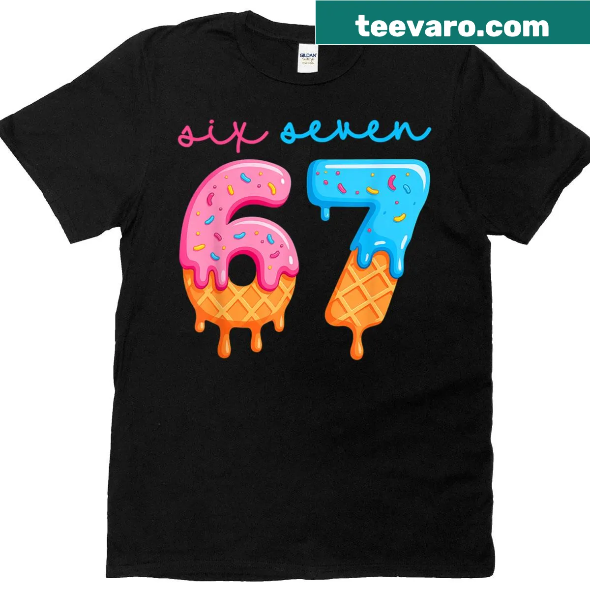 Funny ice cream drip graphic t-shirt featuring the numbers 6 and 7 — on a men's t-shirt