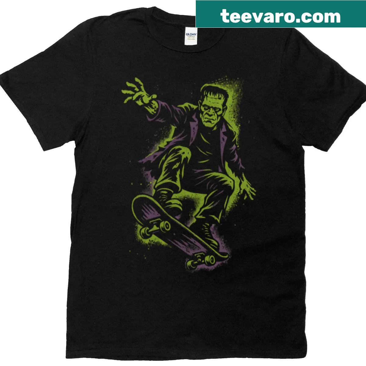Cartoon T-shirt featuring Frankenstein skateboarding in a playful design — on a men's t-shirt