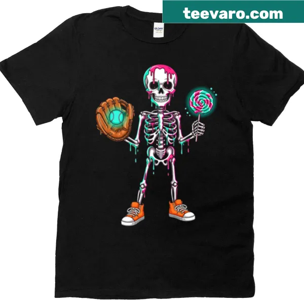 Cute Halloween youth t-shirt featuring a skeleton with a baseball bat and ice cream