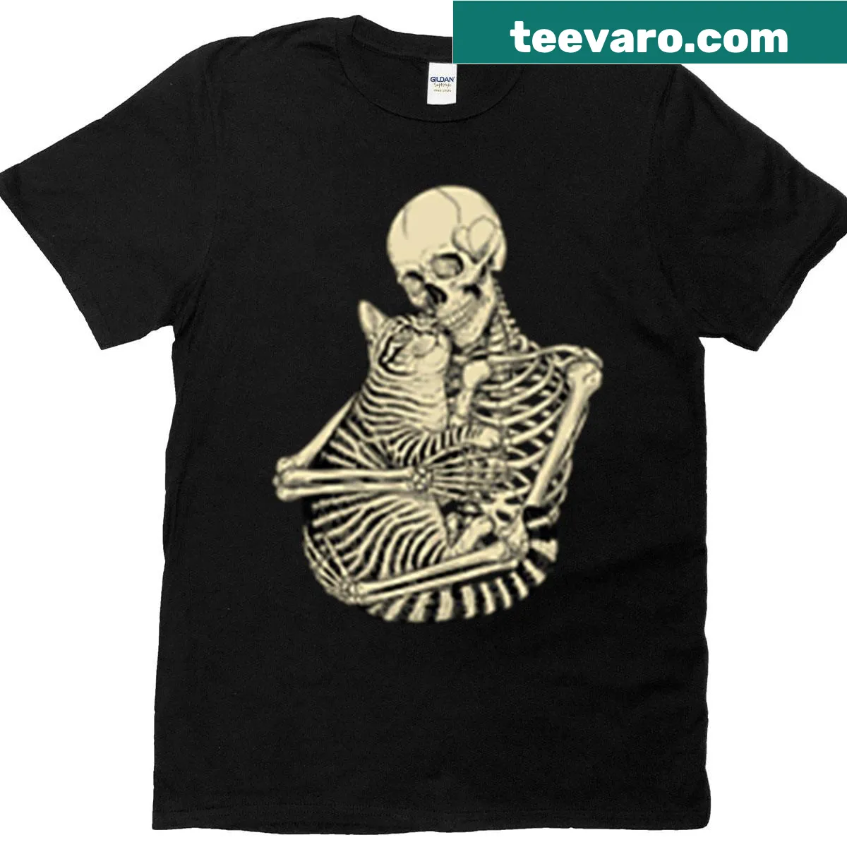 Cute skeleton hugging a cat graphic on t-shirt — on a men's t-shirt