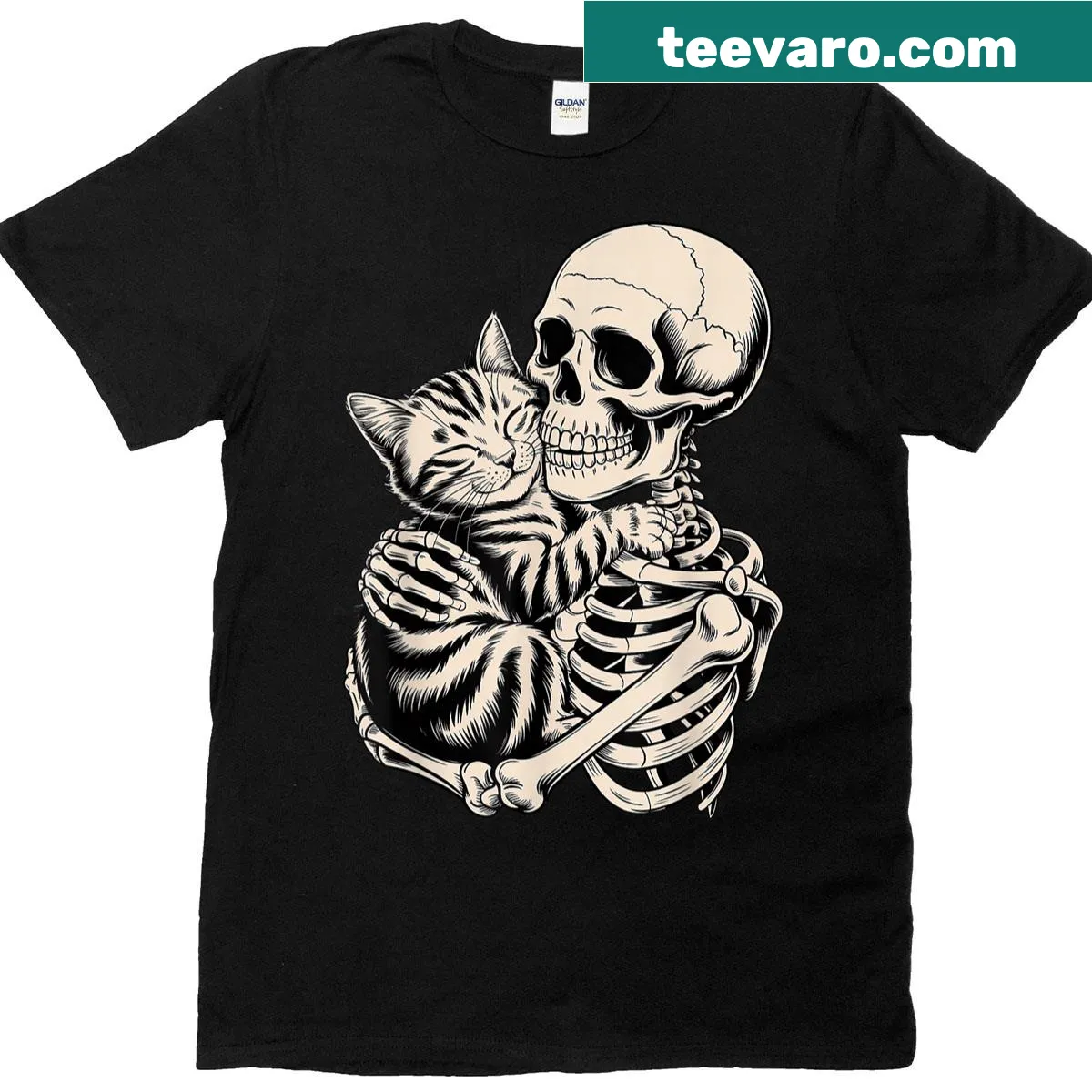 Cute Halloween t-shirt featuring a skeleton hugging a cat — on a men's t-shirt