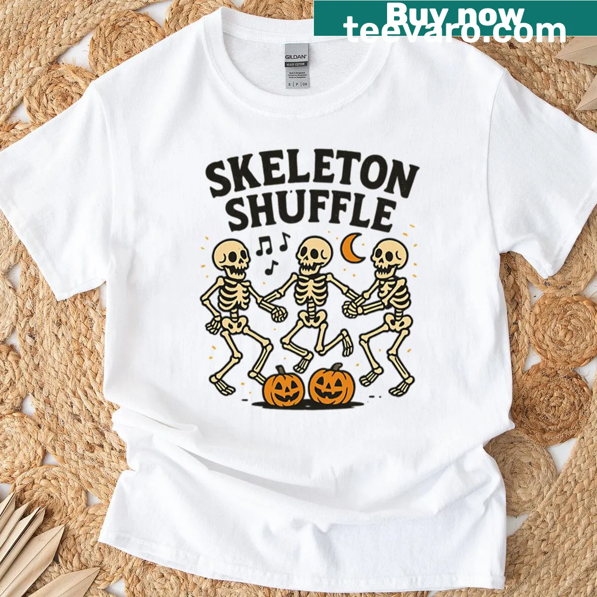 Vintage Halloween t-shirt featuring dancing skeletons in a retro design. — on a men's t-shirt