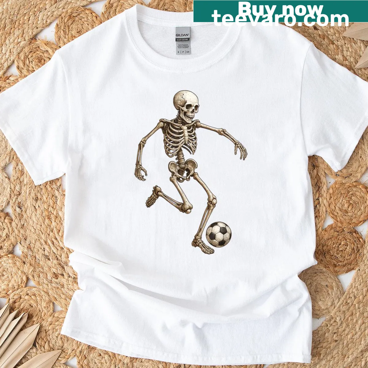 Cartoon T-shirt with a funny skeleton playing soccer for Halloween — on a men's t-shirt