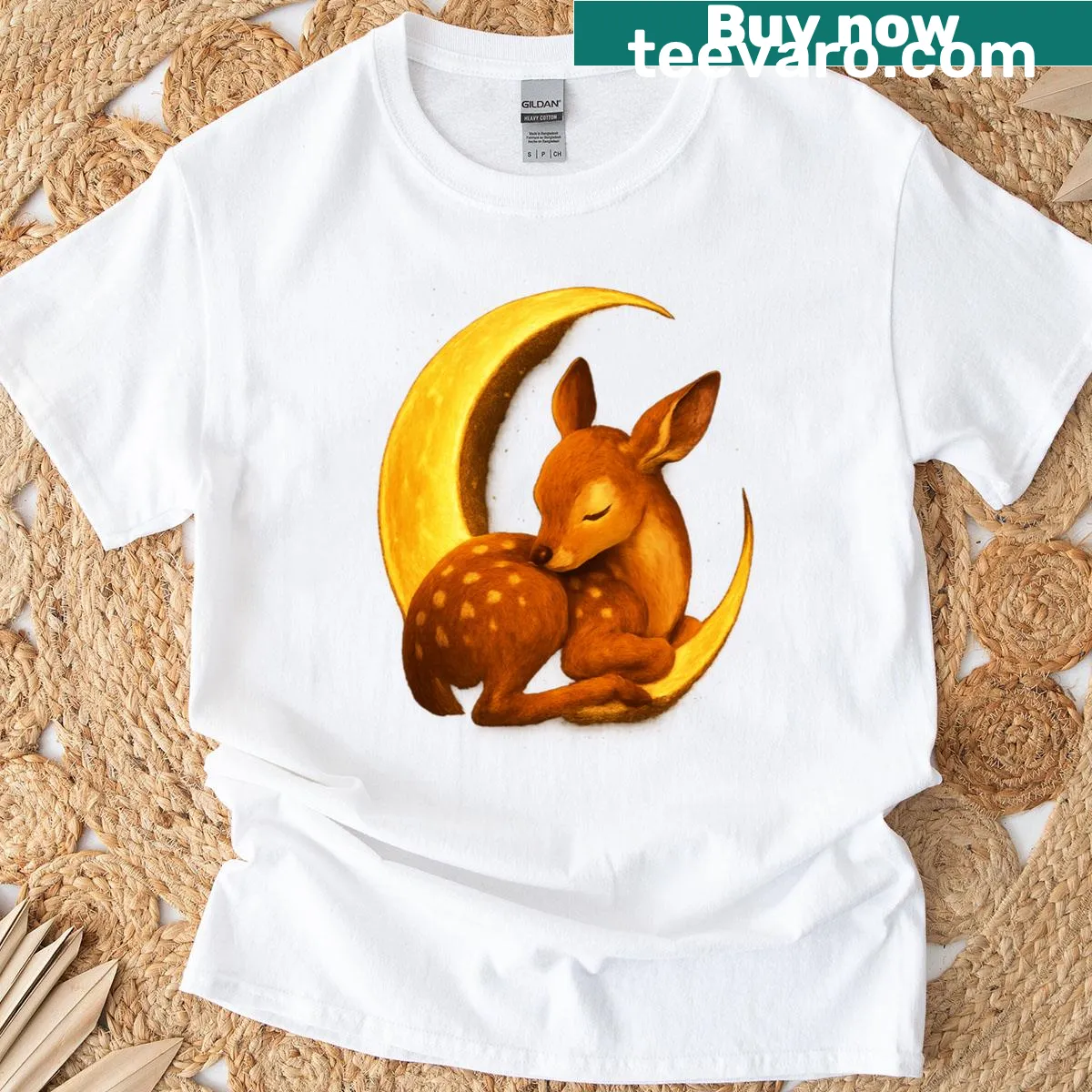 Artistic T-shirt with a sleeping fawn under a crescent moon — on a men's t-shirt