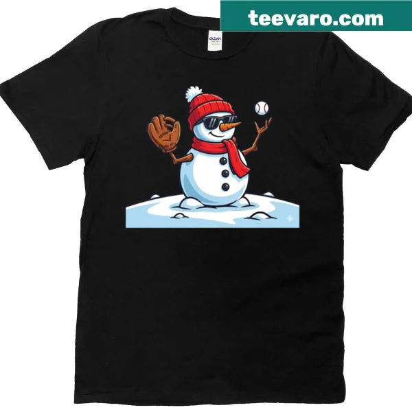 Cute snowman baseball pitcher t-shirt with festive illustration