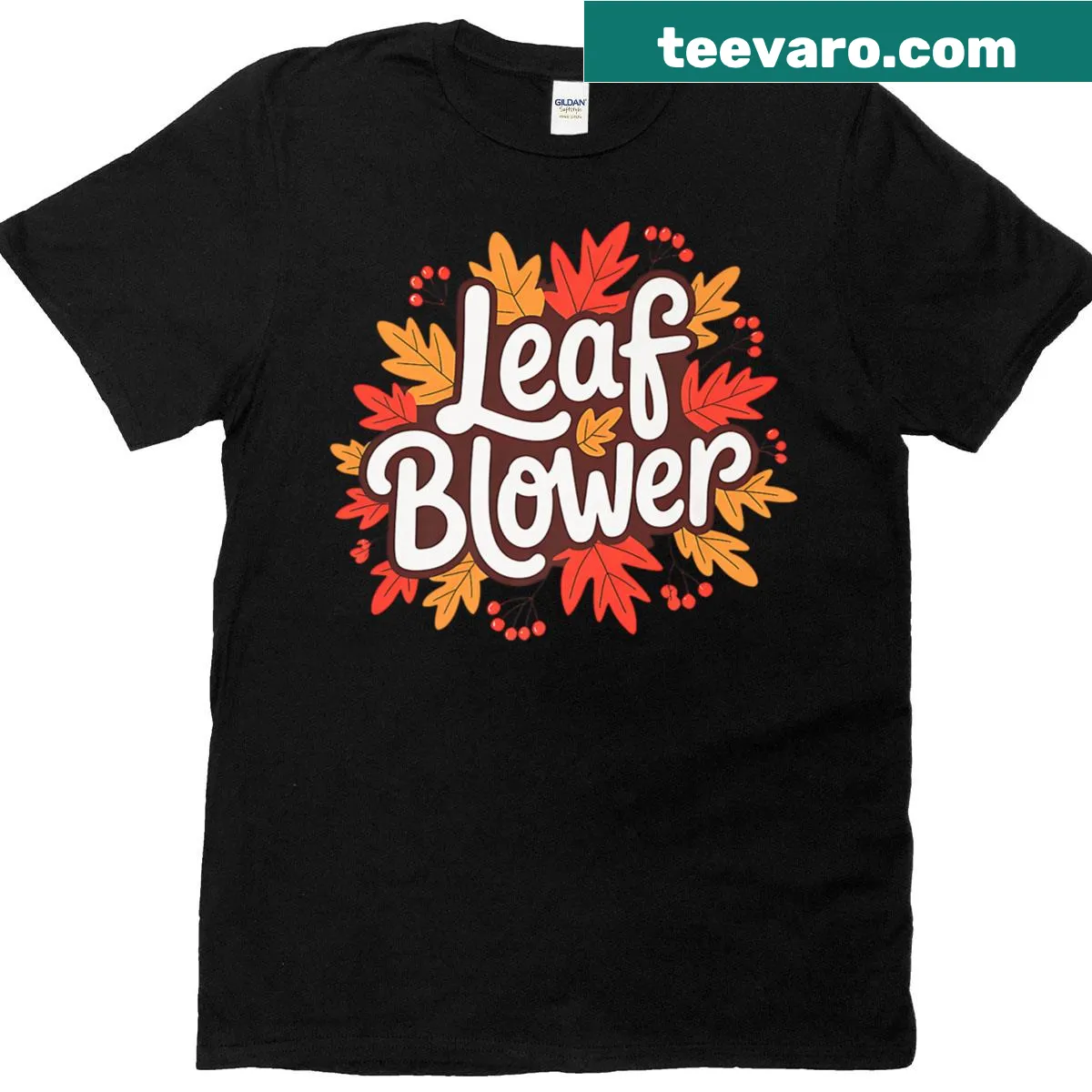 Cozy T-shirt featuring a whimsical illustration of a leaf blower — on a men's t-shirt