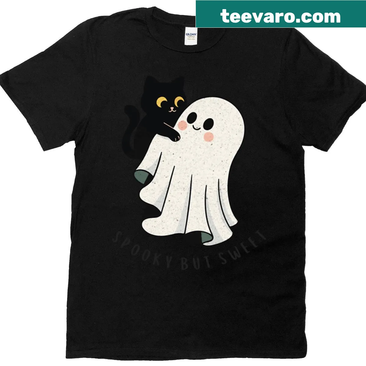 Kawaii ghost cat graphic for Halloween — on a men's t-shirt