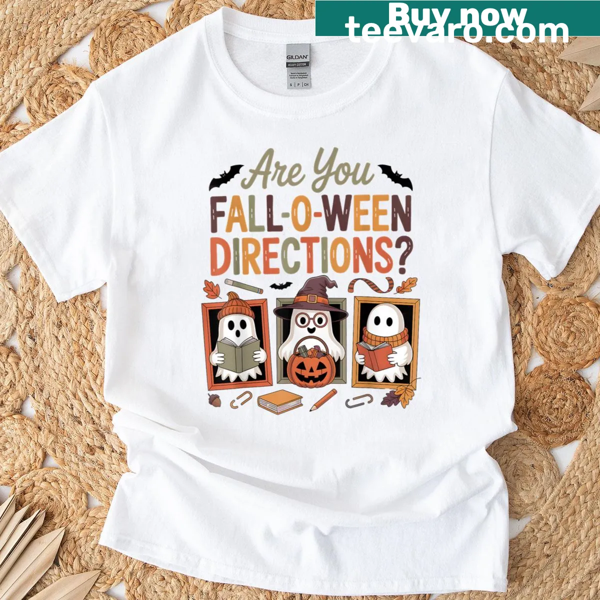 Cute autumn ghosts illustrated on a Fall-o-ween themed t-shirt — on a men's t-shirt