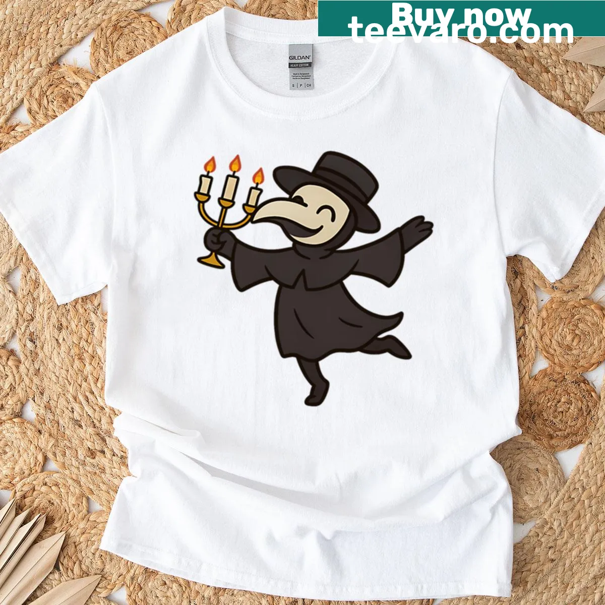 Cartoon dancing plague doctor with a candelabra on t-shirt. — on a men's t-shirt
