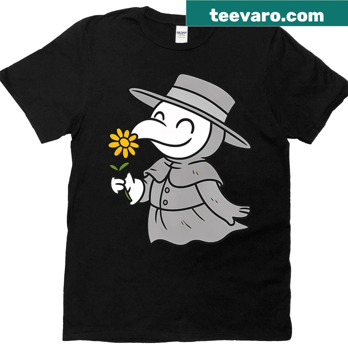Cute T-shirt featuring a plague doctor sniffing a daisy in a whimsical design — on a men's t-shirt