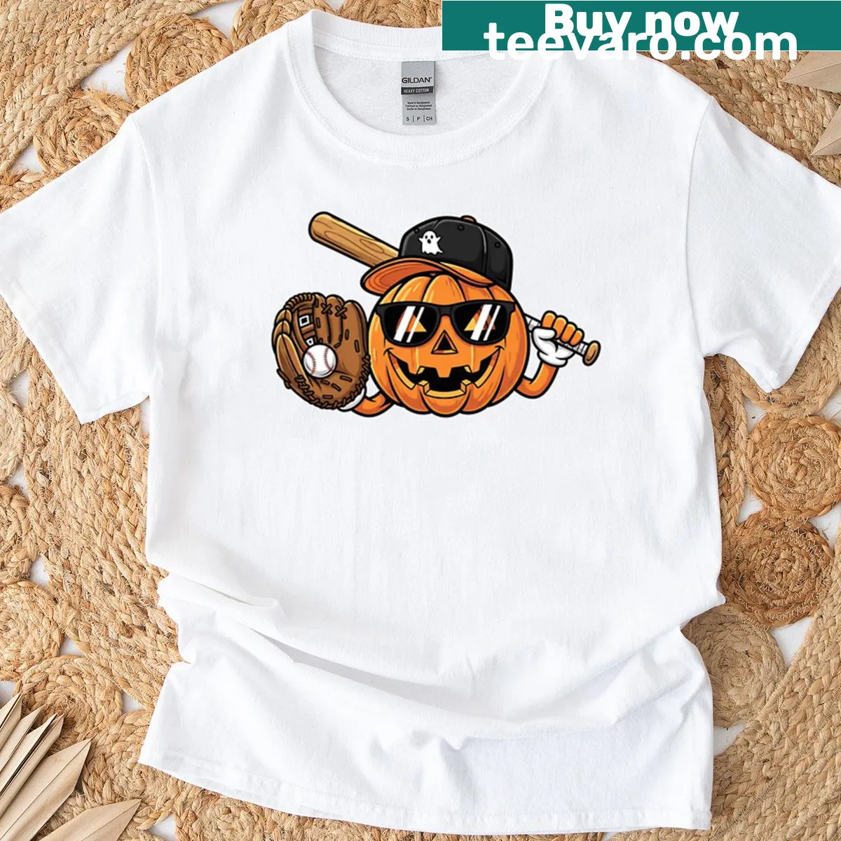 Jack O Lantern with baseball cap design on a Halloween-themed t-shirt — on a men's t-shirt