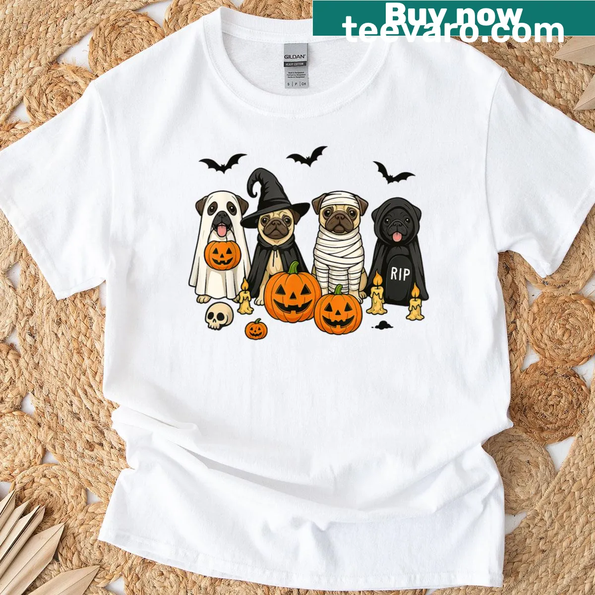 Cute cartoon spooky pug design for Halloween — on a men's t-shirt