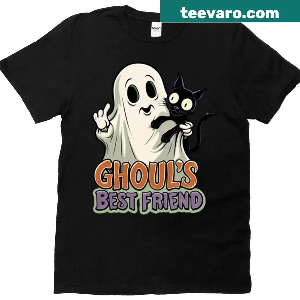 Retro Halloween T-shirt featuring a ghost and black cat design