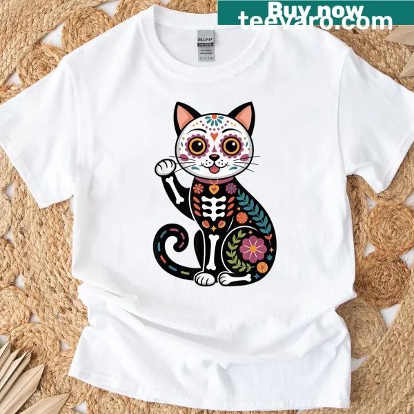 Sugar skull cat design for Day of the Dead on T-shirt