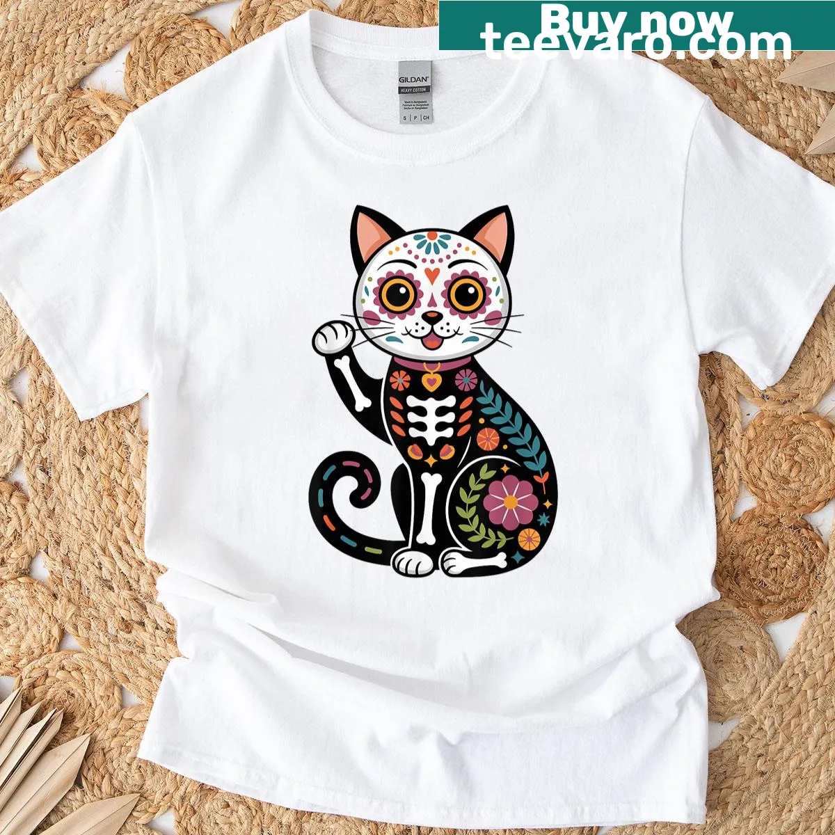 Sugar skull cat design for Day of the Dead on T-shirt — on a men's t-shirt