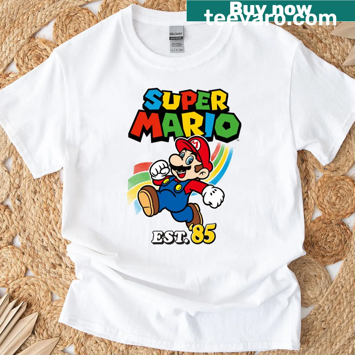 Retro Super Mario logo t-shirt with big chest graphic — on a men's t-shirt