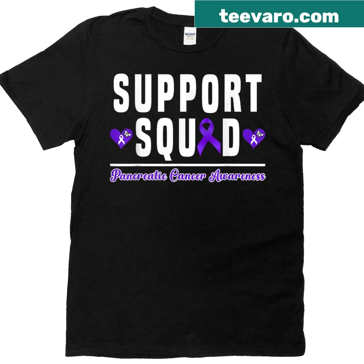 Purple ribbon design t-shirt for pancreatic cancer awareness — on a men's t-shirt