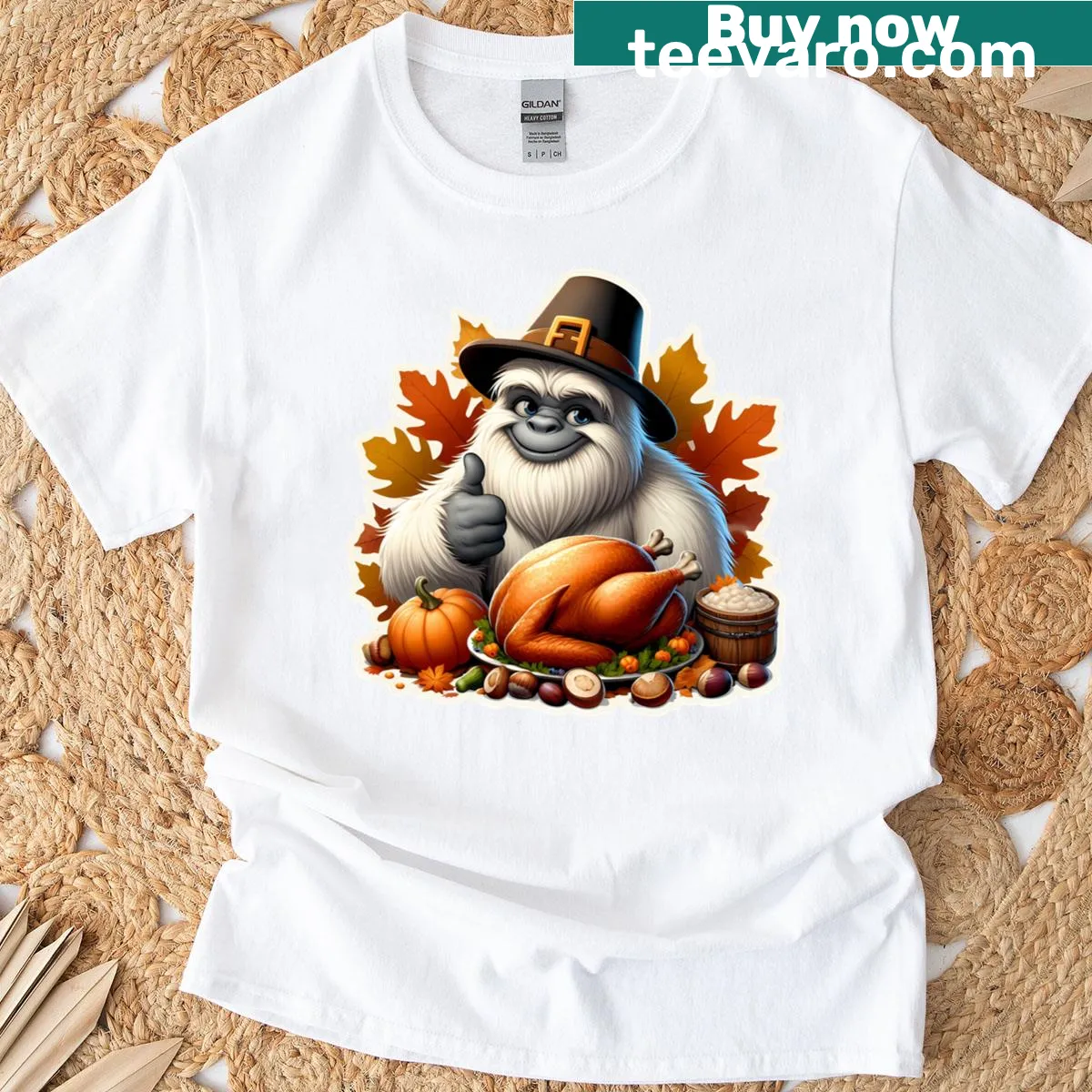T-shirt featuring a charming Yeti design for Thanksgiving. — on a men's t-shirt