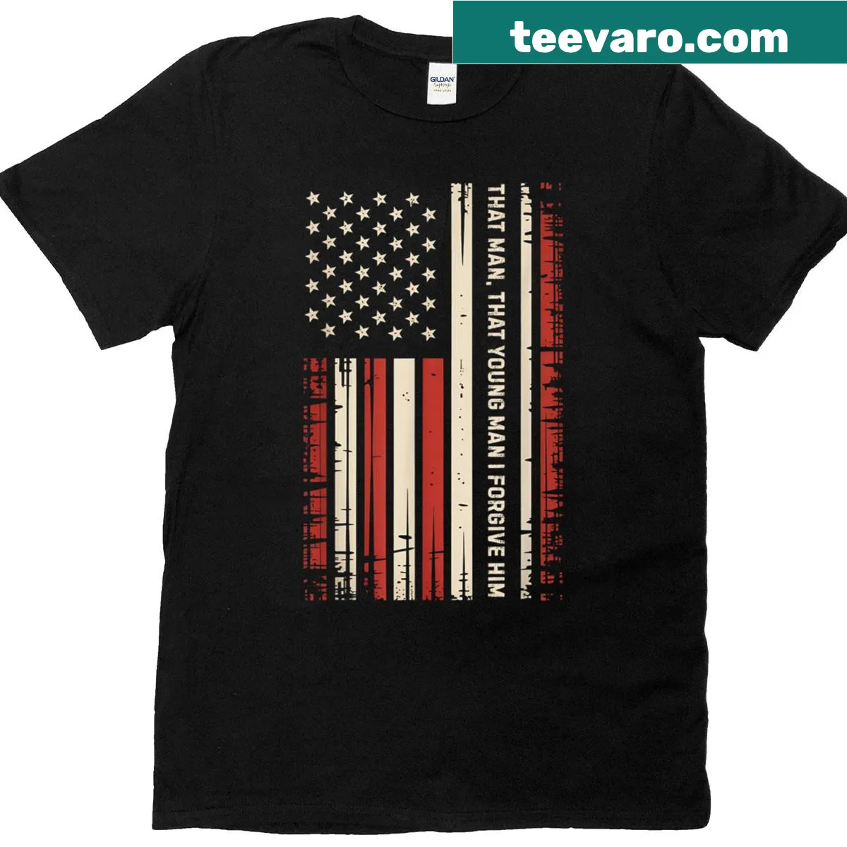 Distressed USA flag graphic with reflective text on t-shirt — on a men's t-shirt
