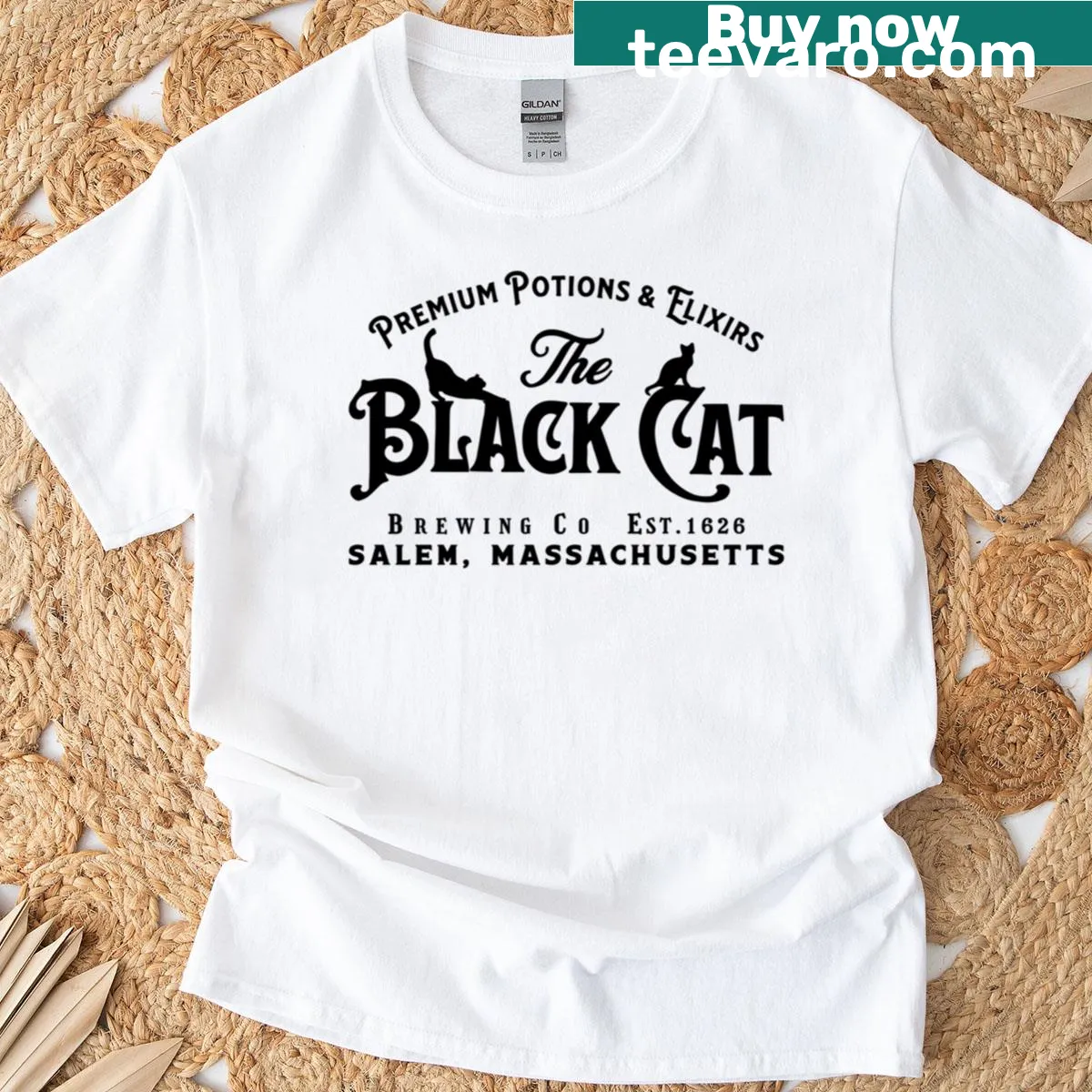 T-shirt featuring The Black Cat Brewing Co logo from Salem, MA — on a men's t-shirt