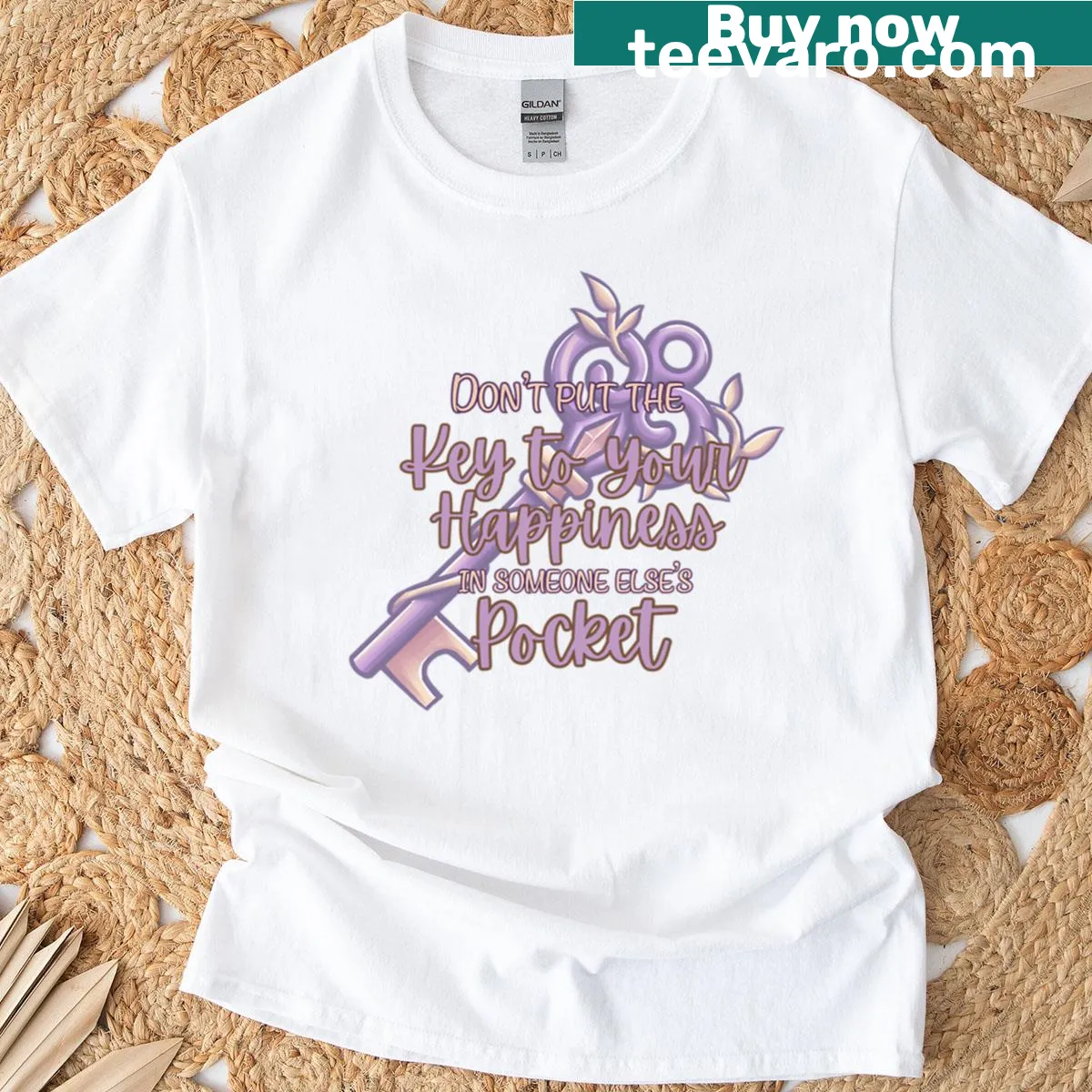Inspirational hand-lettered 'The Key To Your Happiness' graphic on a T-shirt — on a men's t-shirt