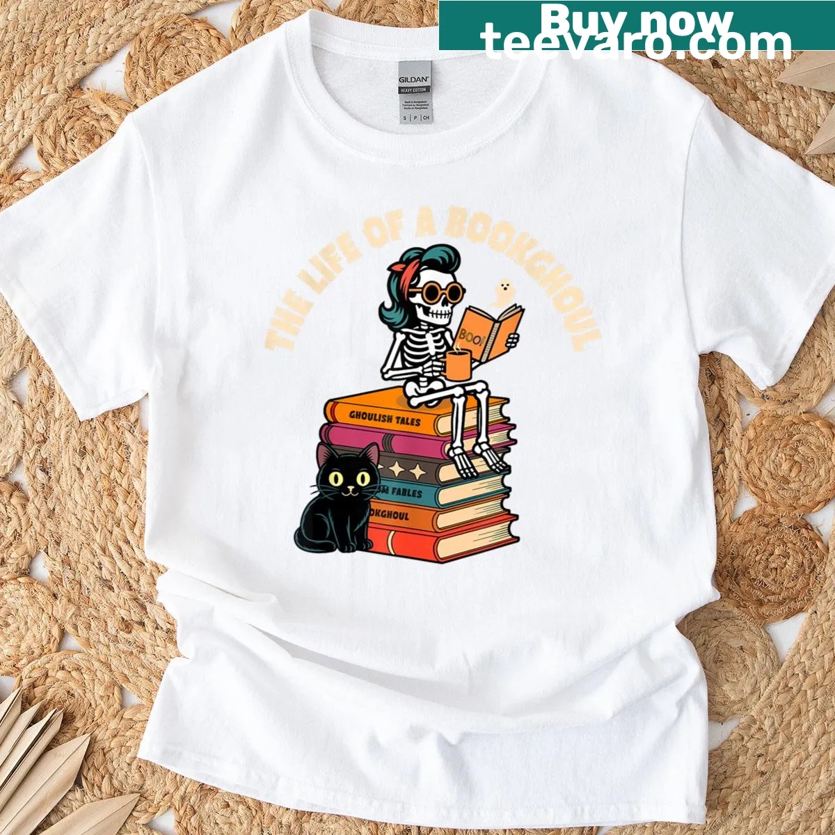 Skeleton reading a book on a vintage-style T-shirt — on a men's t-shirt