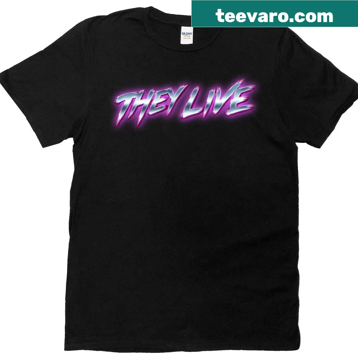 They Live logo T-shirt with a retro brush metal style — on a men's t-shirt