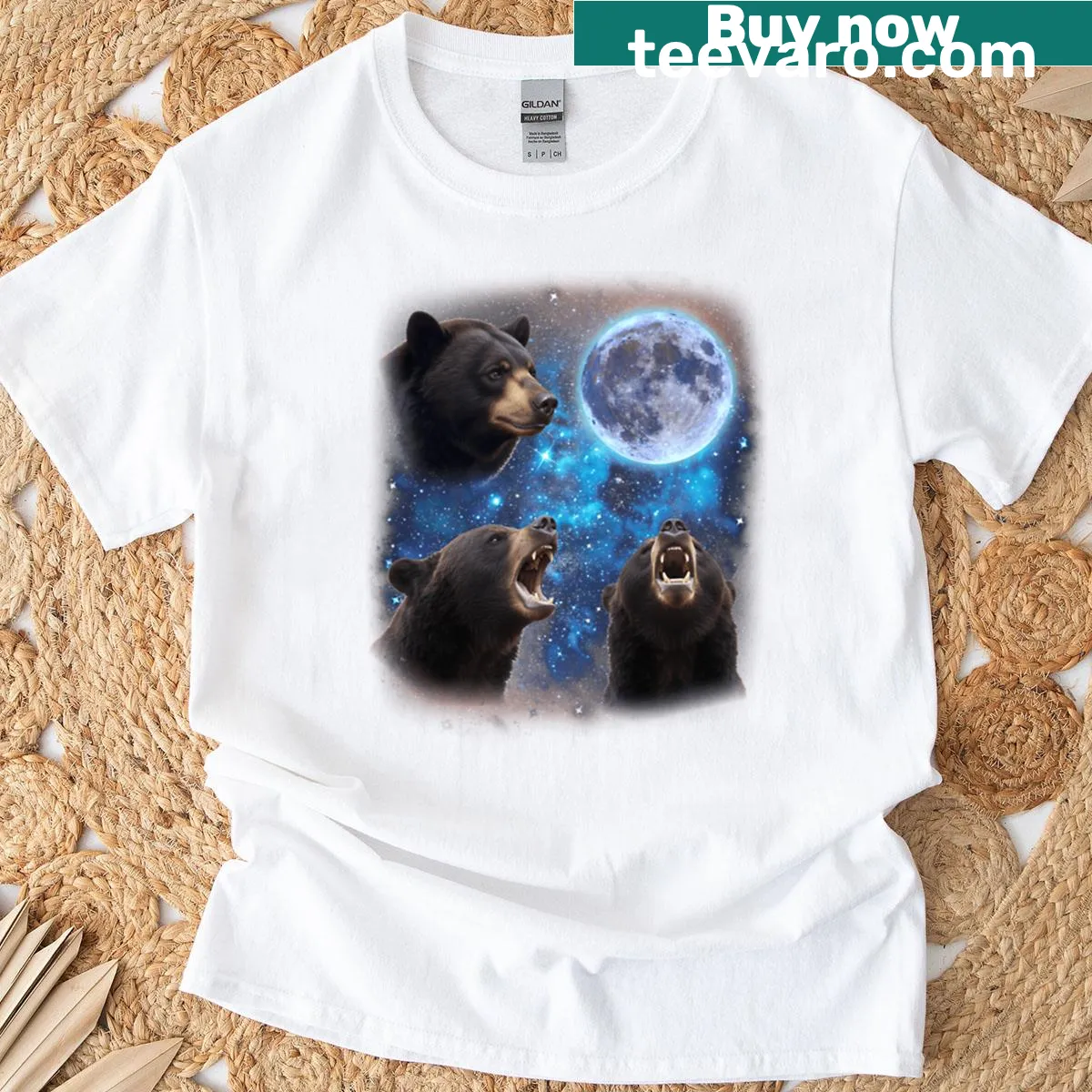 Three cartoon black bears howling at the moon on a T-shirt — on a men's t-shirt